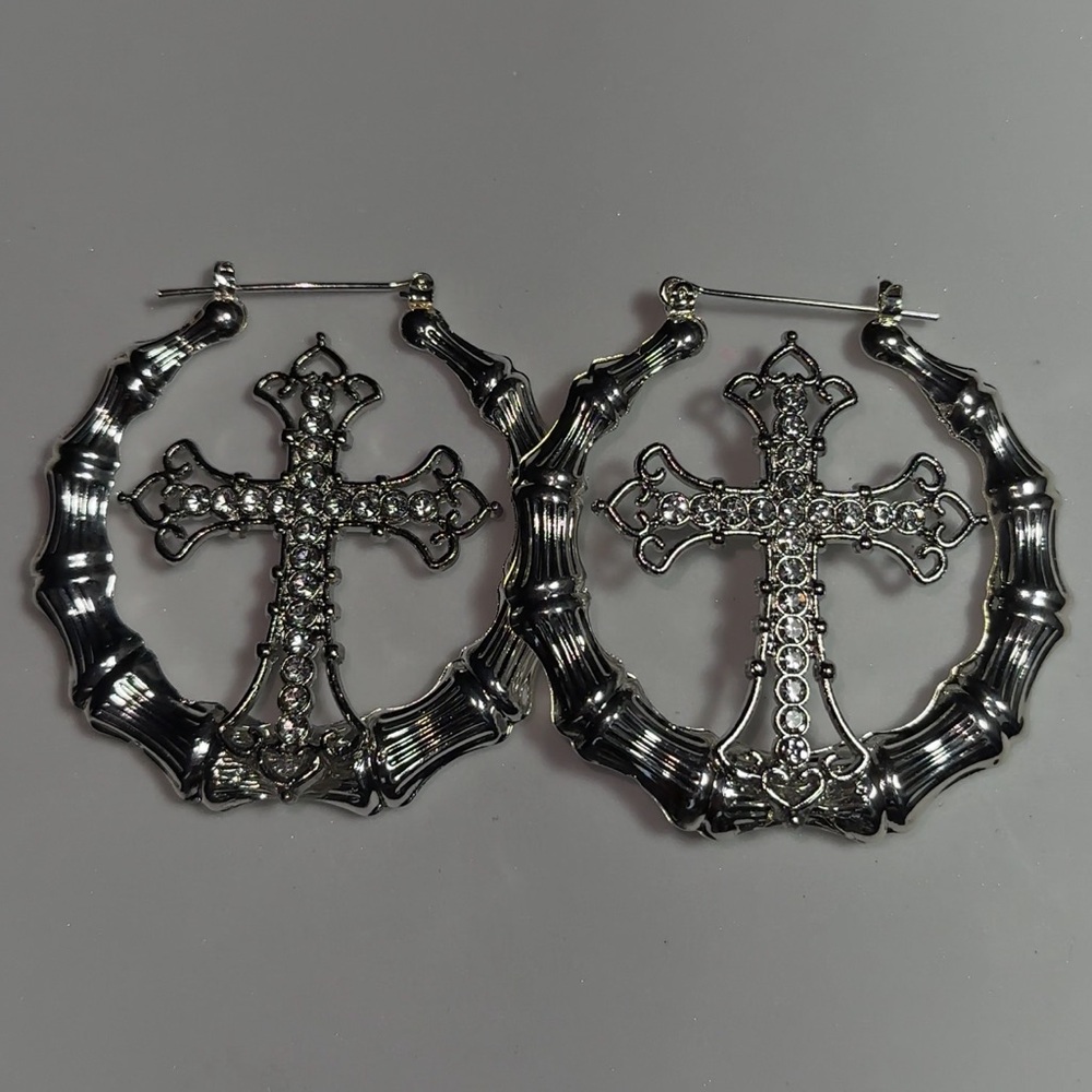 silver bamboo earring with cross